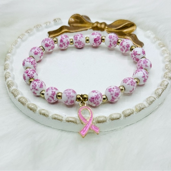 Chinese-Style Ceramic Floral Beaded Stretch Bracelet w/ Pink Breast Cancer Charm - Picture 5 of 5